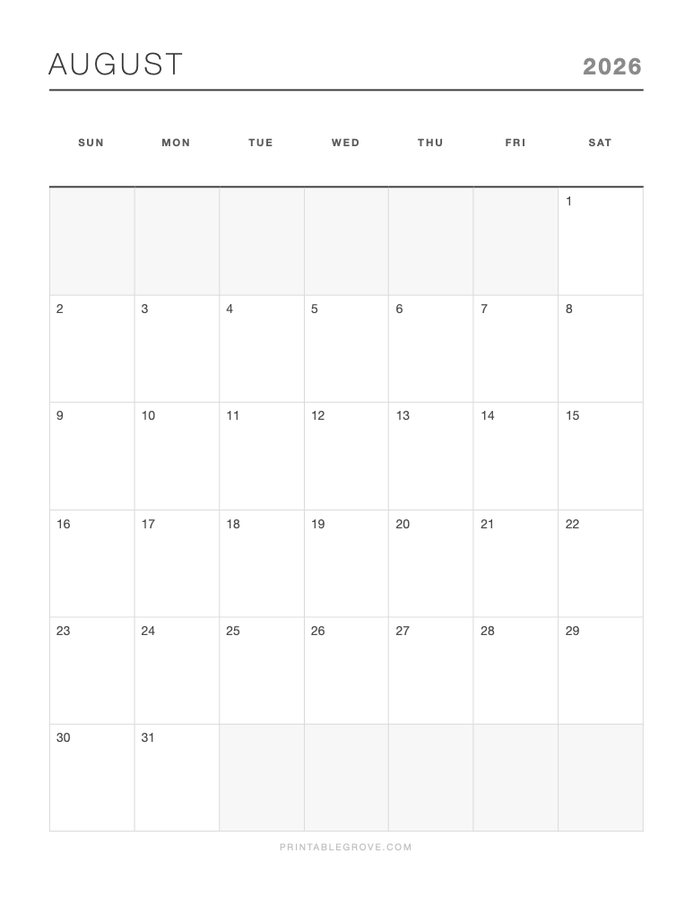 August 2026 Calendar — free printable PDF