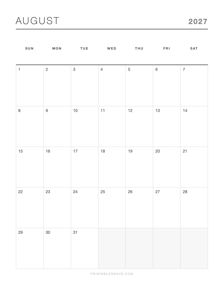 August 2027 Calendar — free printable PDF