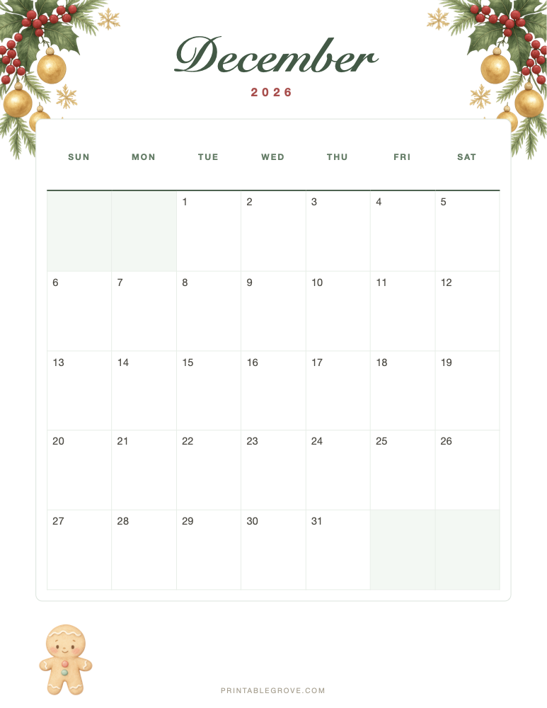 Christmas December 2026 Calendar — free printable PDF