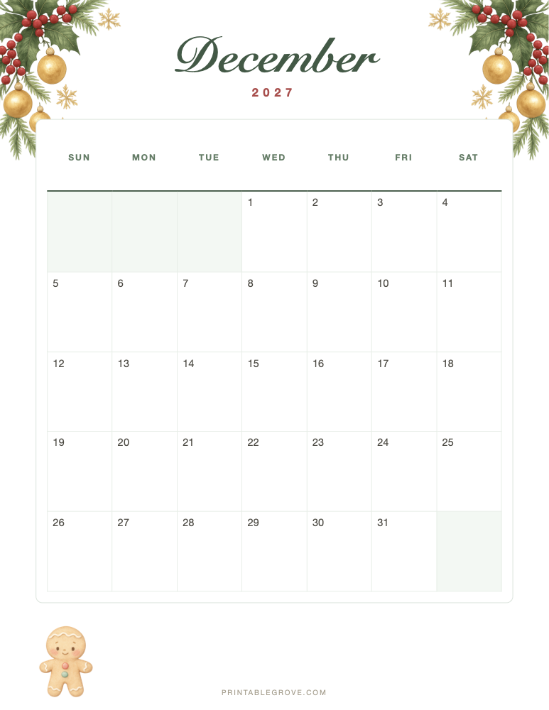 Christmas December 2027 Calendar — free printable PDF