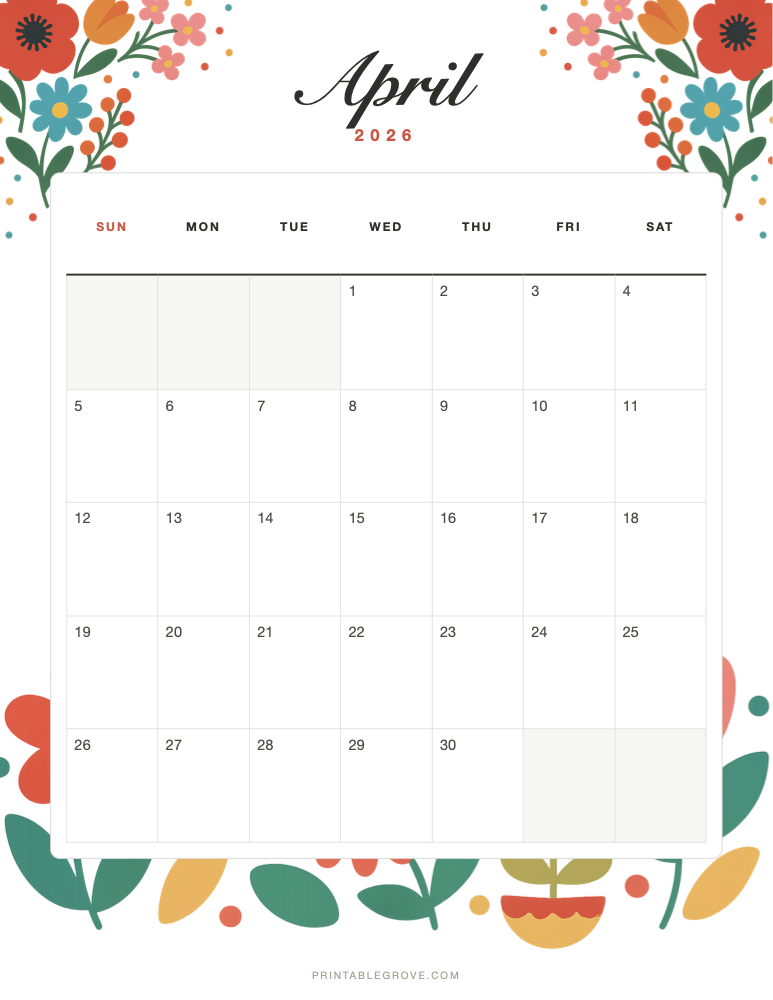 Colorful April 2026 Calendar — free printable PDF