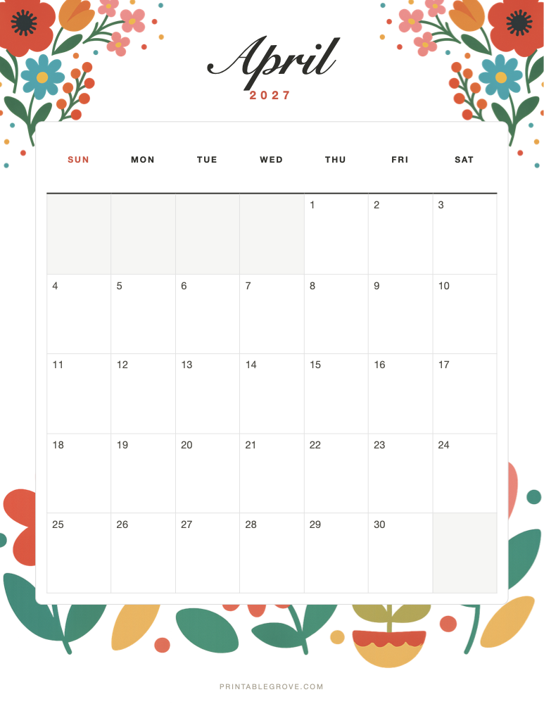 Colorful April 2027 Calendar — free printable PDF