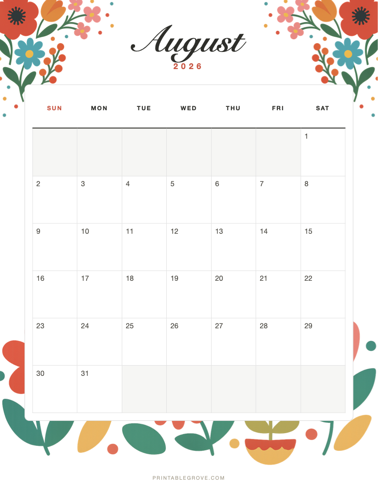 Colorful August 2026 Calendar — free printable PDF