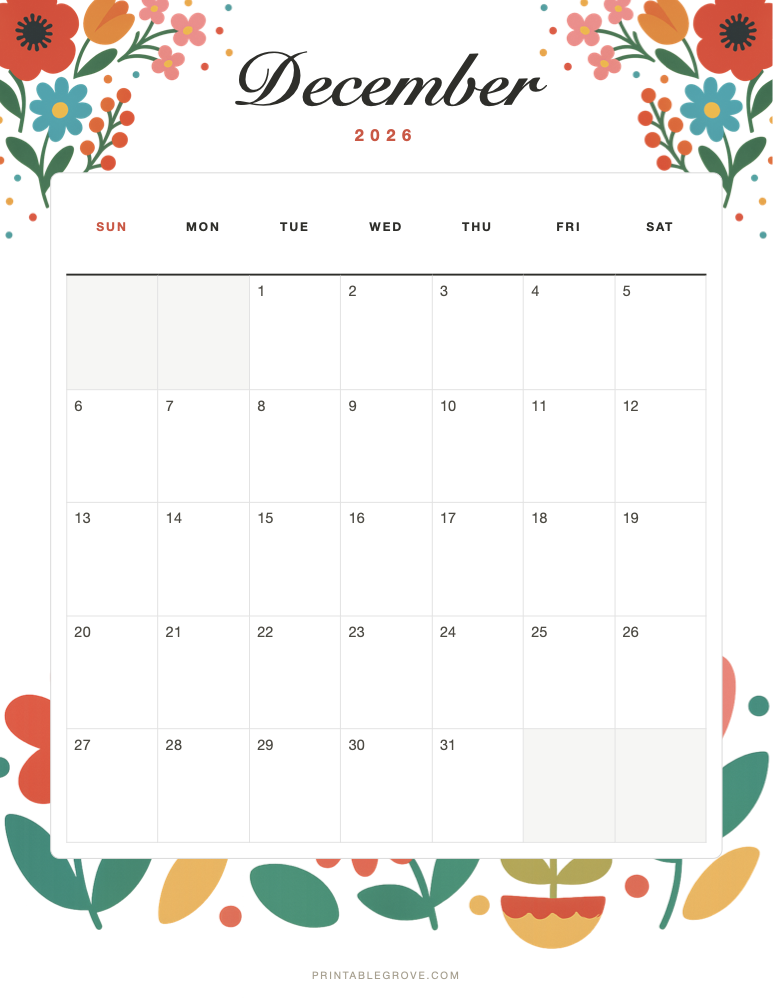 Colorful December 2026 Calendar — free printable PDF