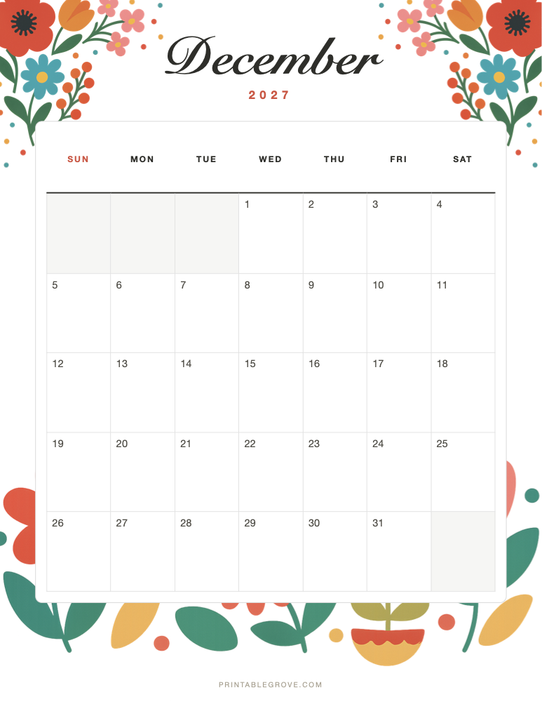Colorful December 2027 Calendar — free printable PDF