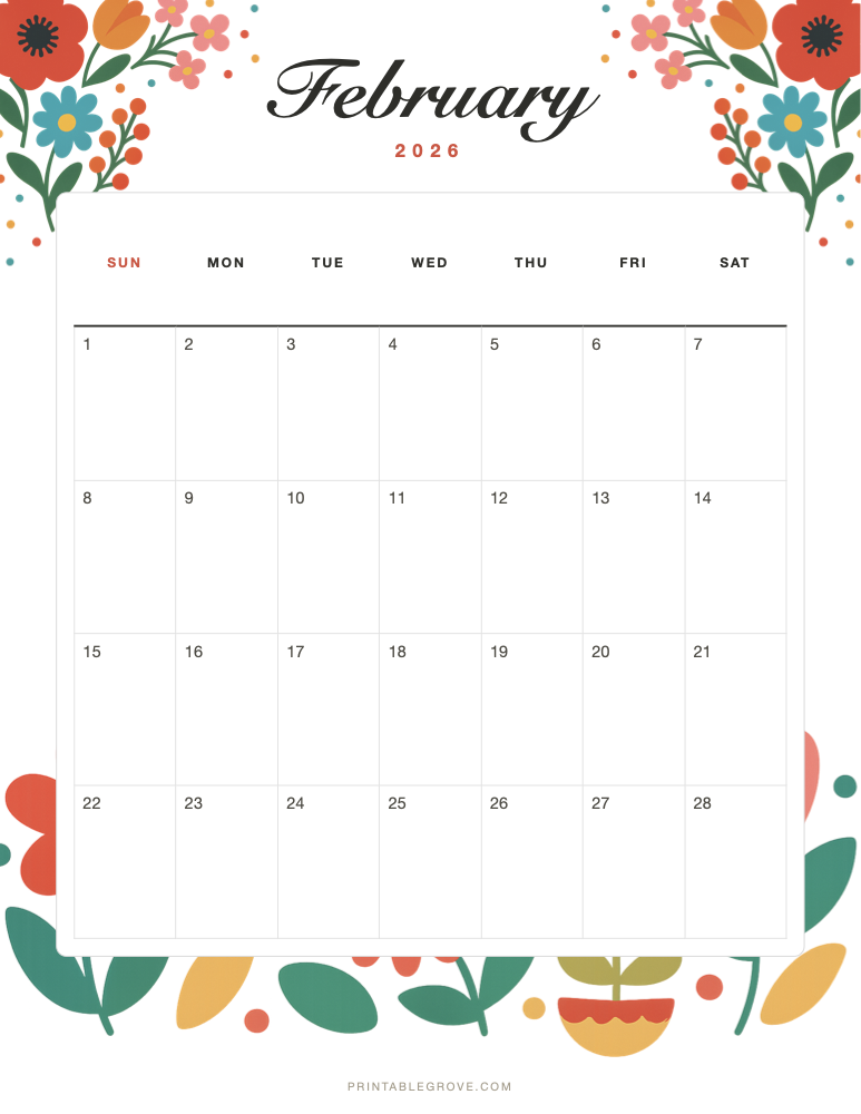 Colorful February 2026 Calendar — free printable PDF