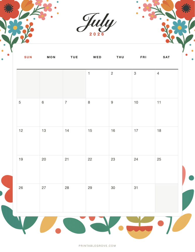 Colorful July 2026 Calendar — free printable PDF
