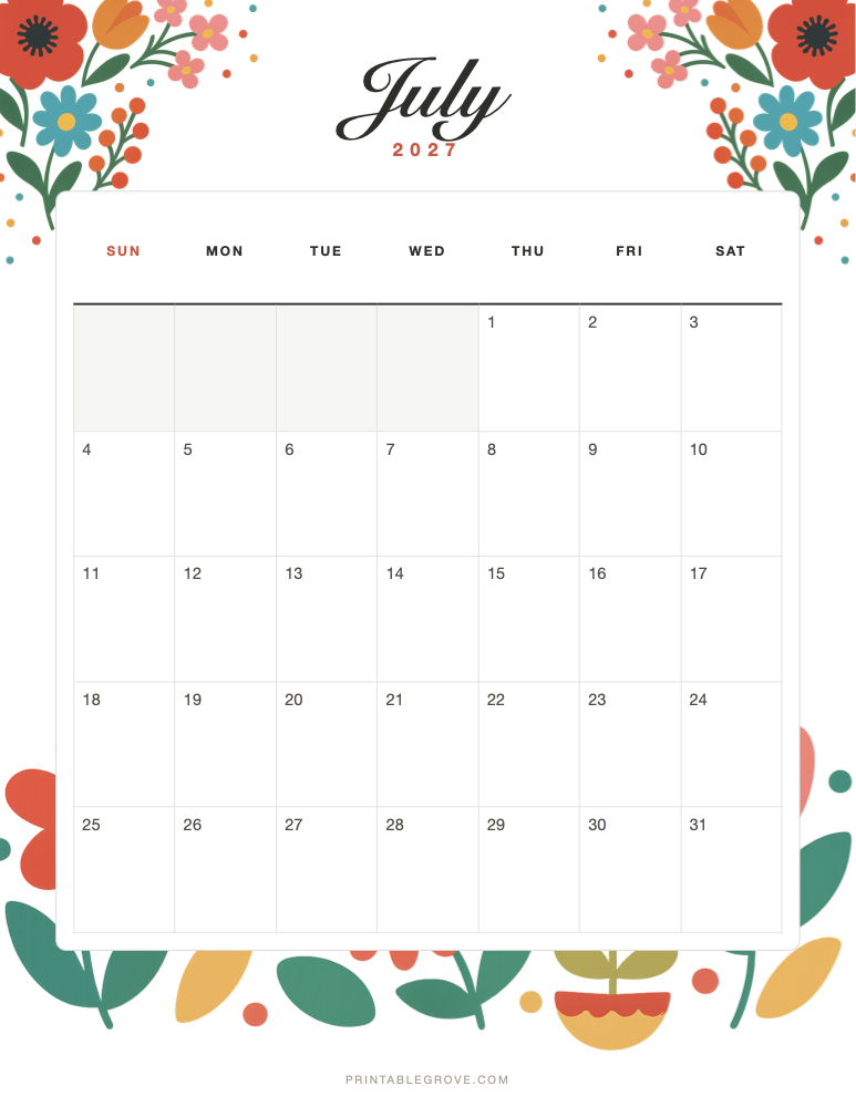 Colorful July 2027 Calendar — free printable PDF