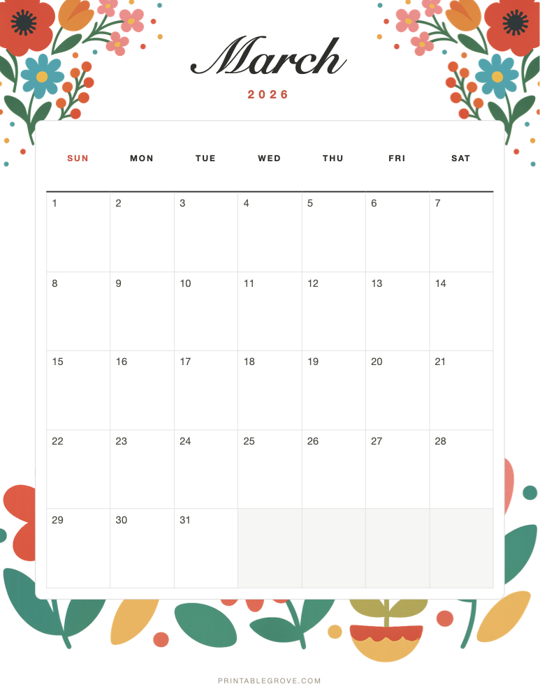 Colorful March 2026 Calendar — free printable PDF