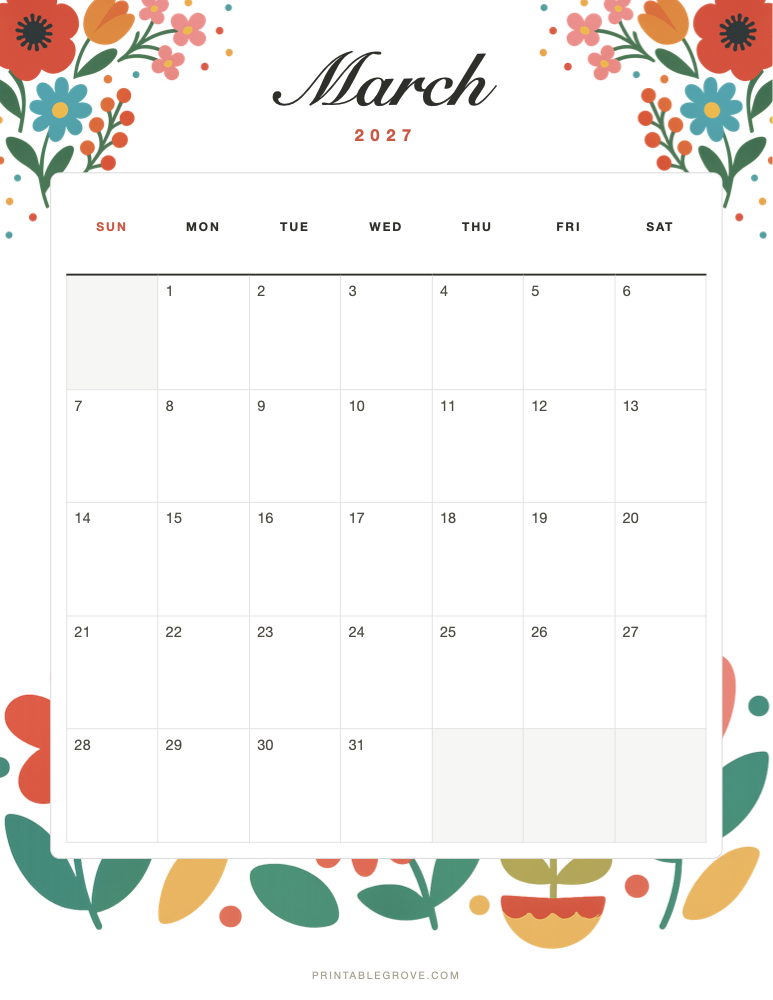 Colorful March 2027 Calendar — free printable PDF