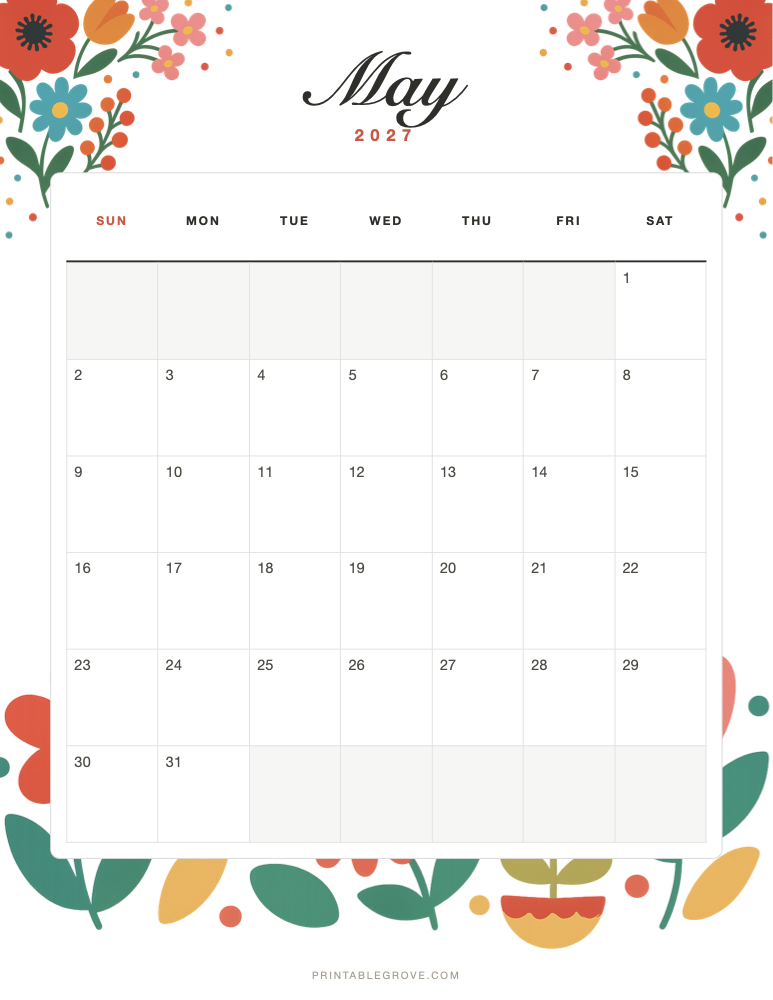 Colorful May 2027 Calendar — free printable PDF