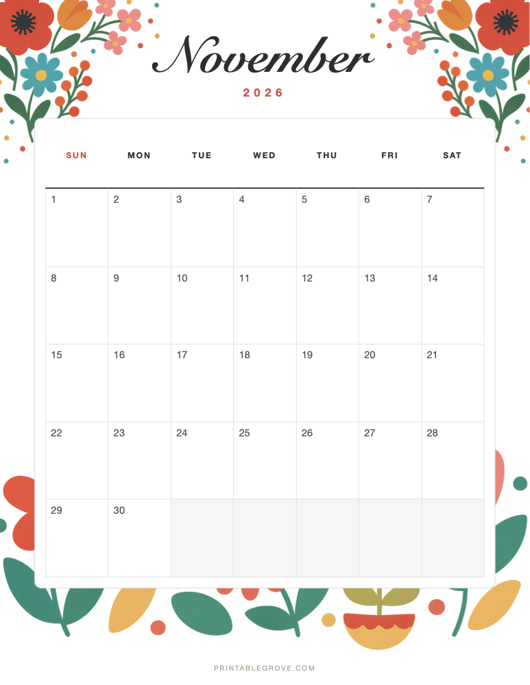 Colorful November 2026 Calendar — free printable PDF