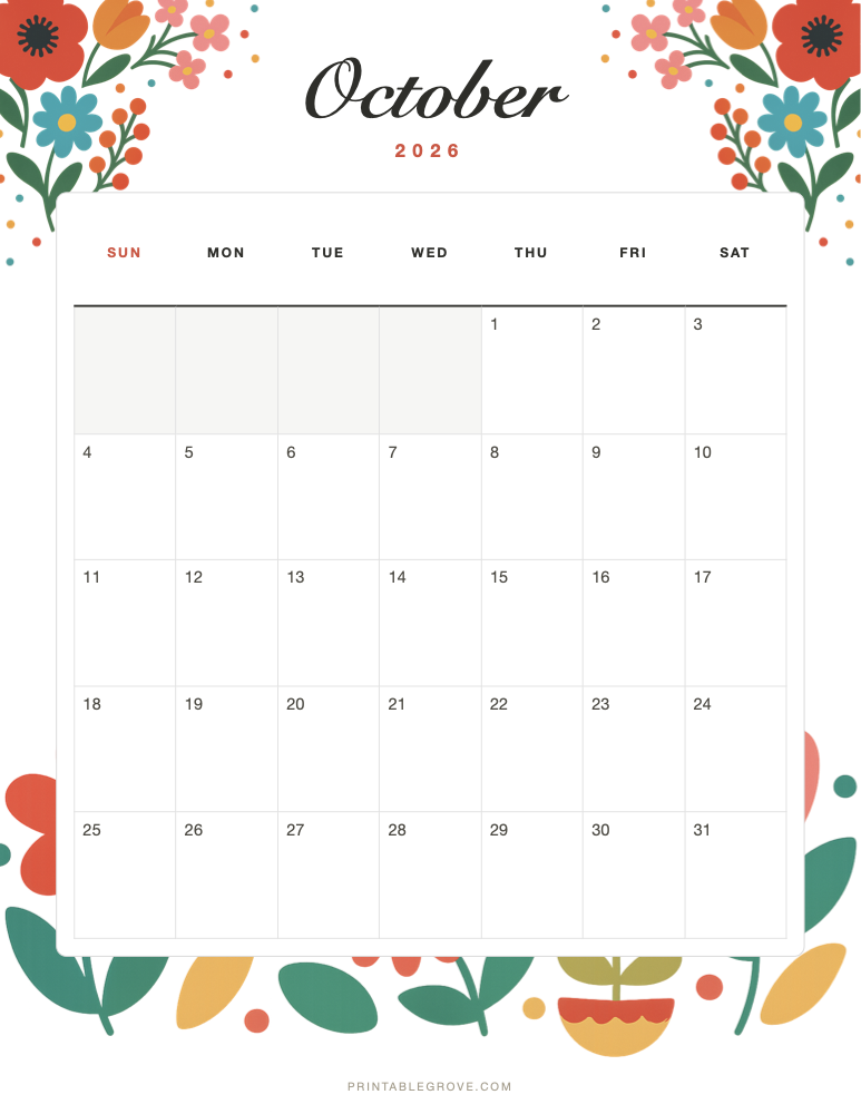 Colorful October 2026 Calendar — free printable PDF