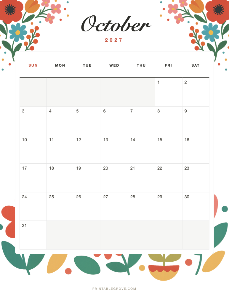 Colorful October 2027 Calendar — free printable PDF