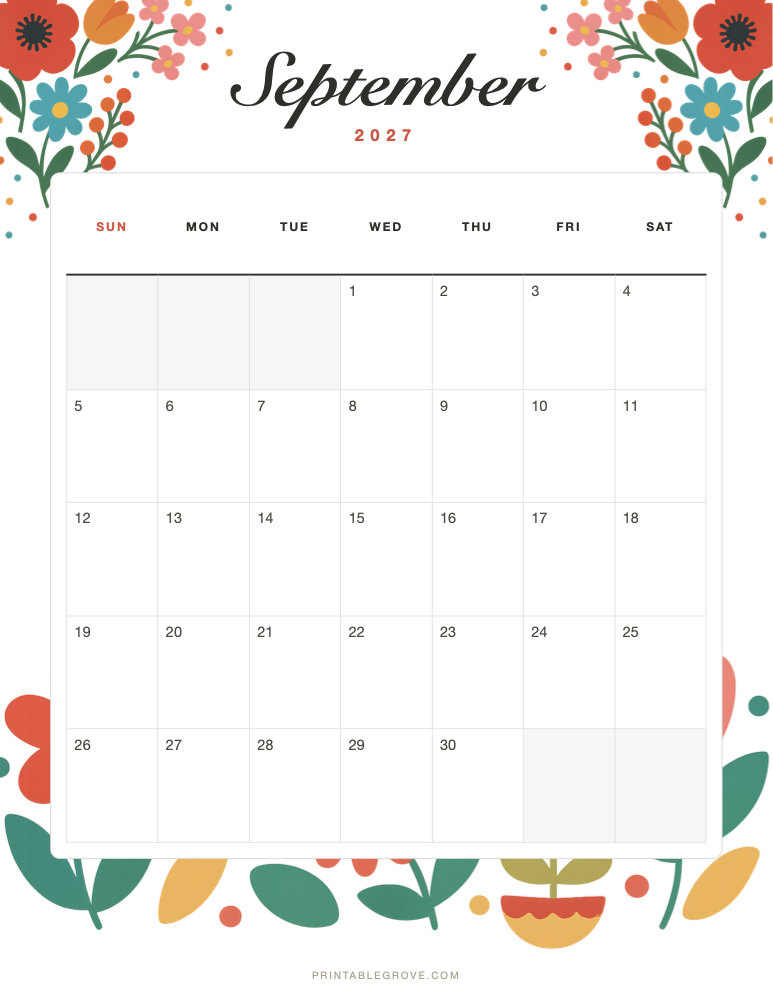 Colorful September 2027 Calendar — free printable PDF