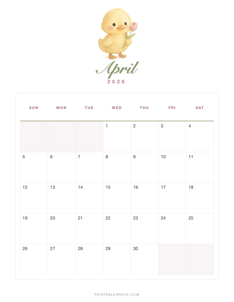 Cute April 2026 Calendar — free printable PDF
