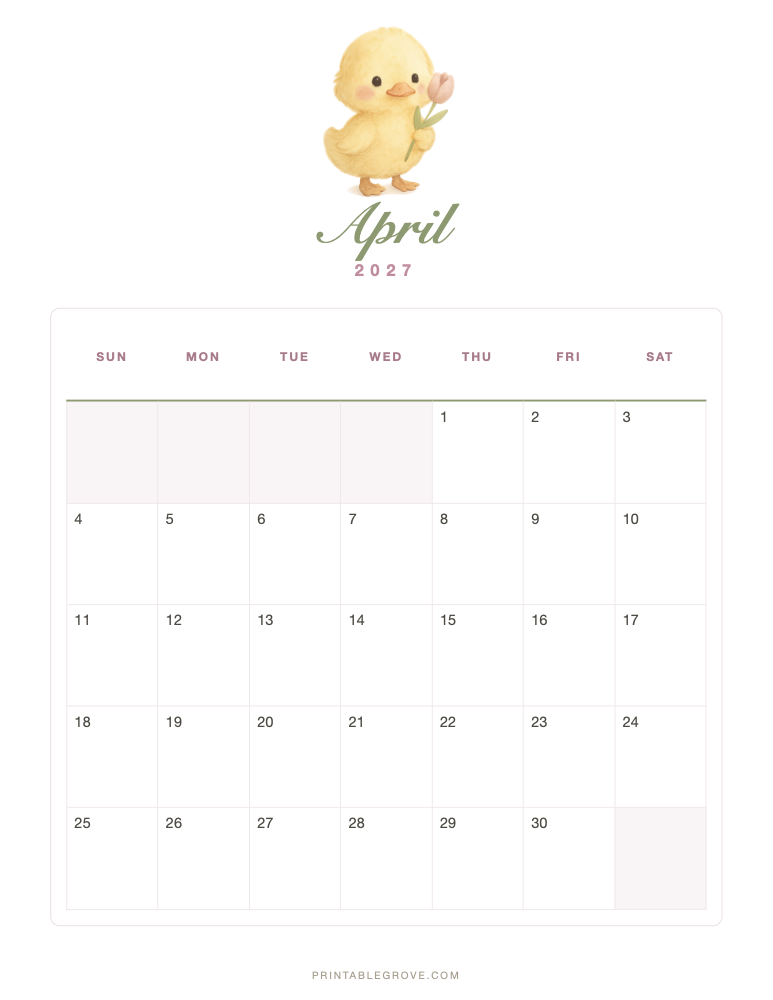 Cute April 2027 Calendar — free printable PDF