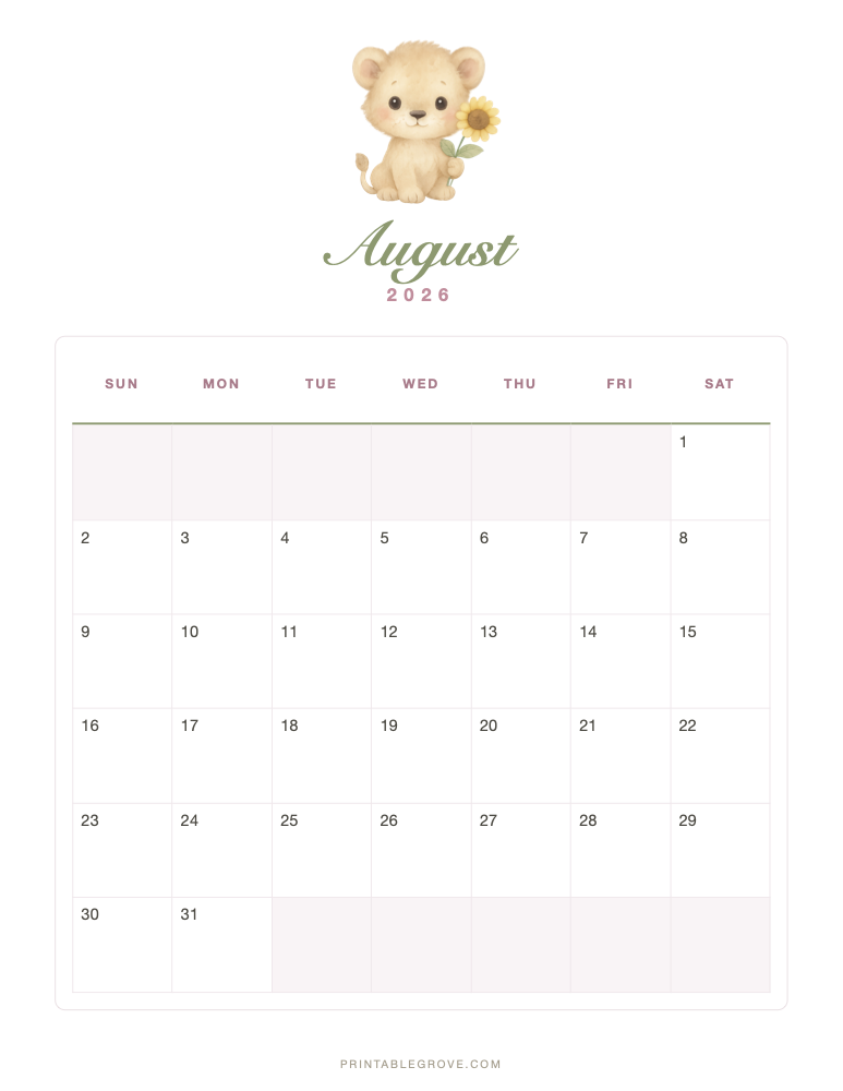 Cute August 2026 Calendar — free printable PDF
