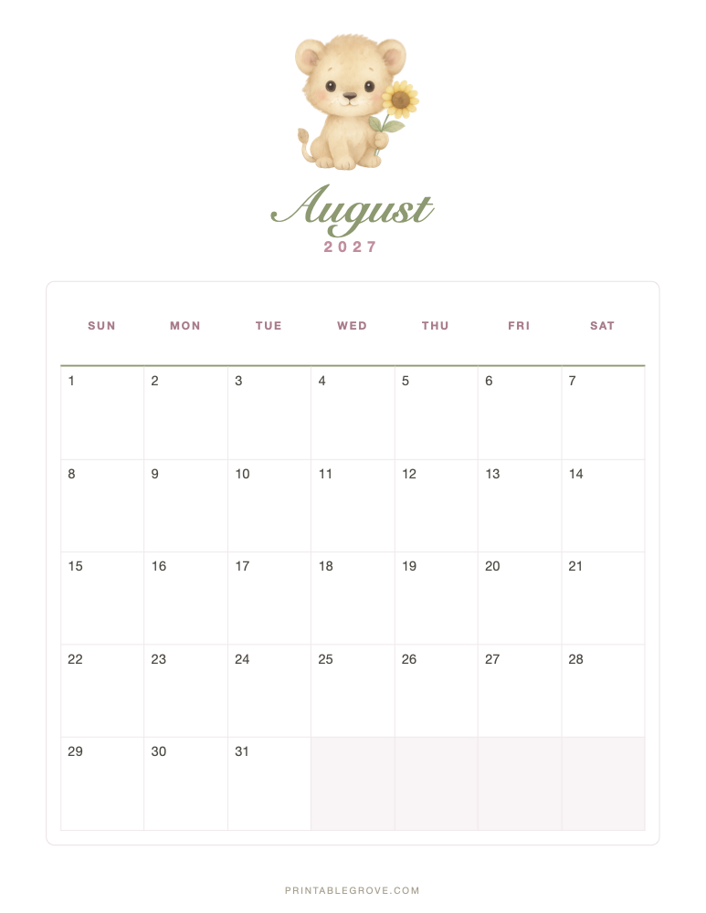 Cute August 2027 Calendar — free printable PDF