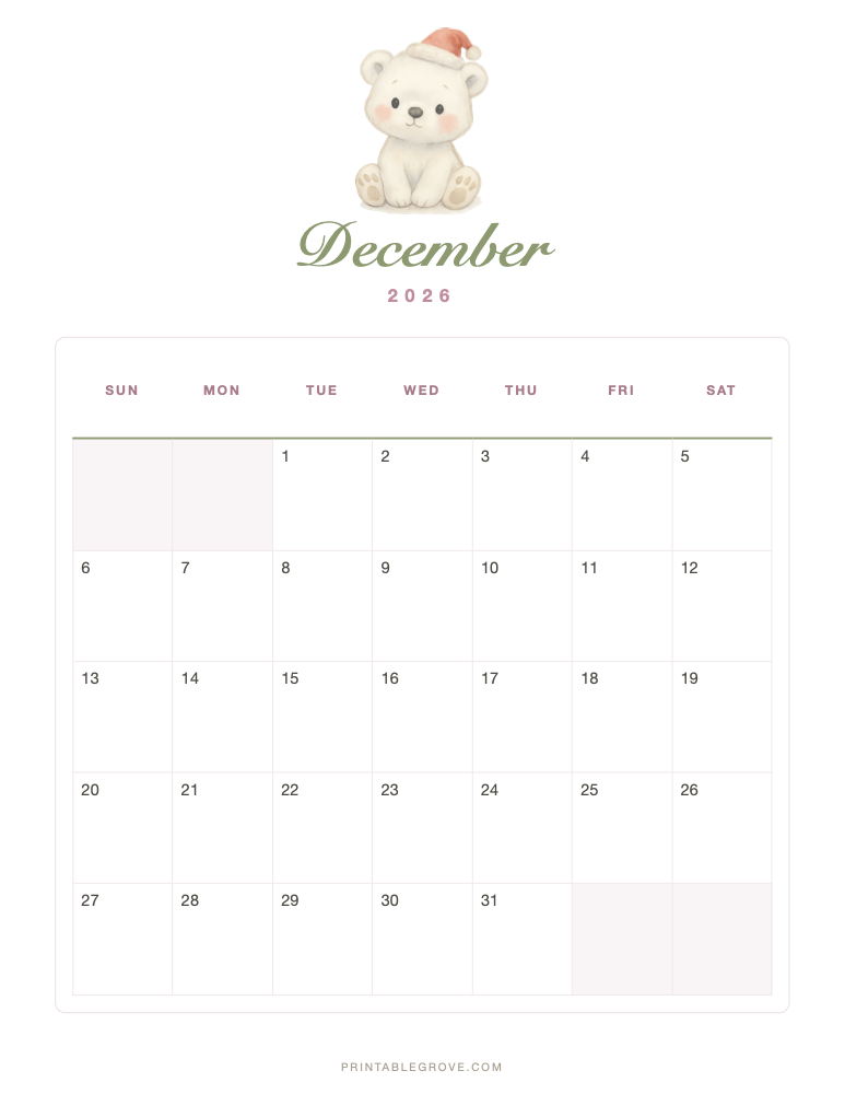Cute December 2026 Calendar — free printable PDF
