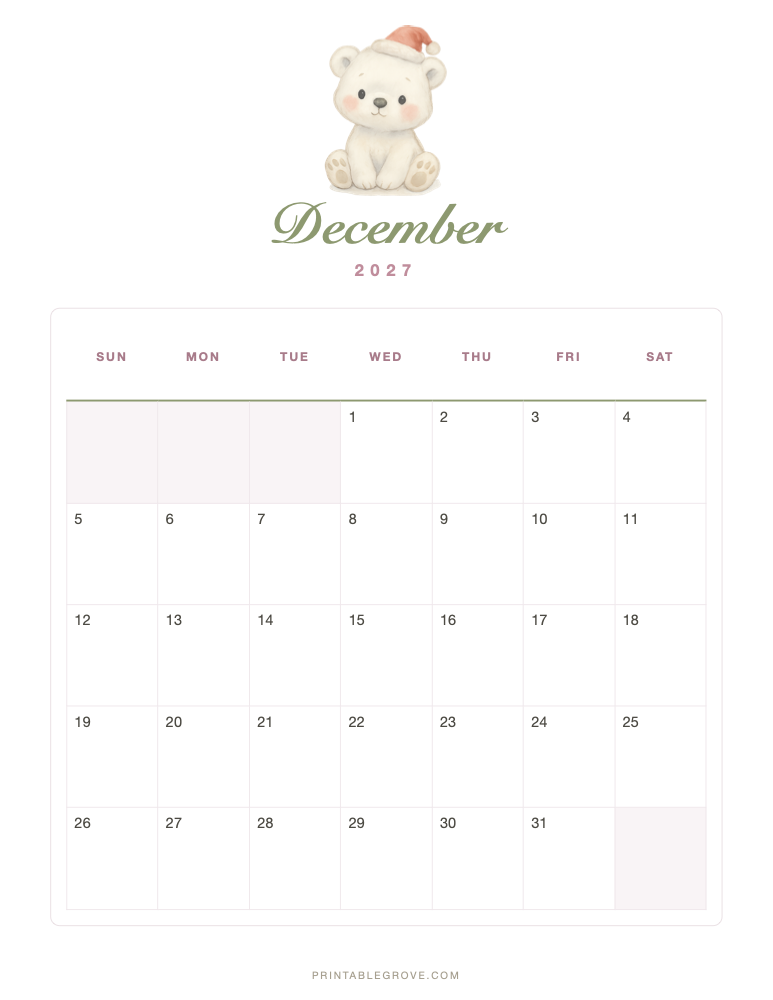 Cute December 2027 Calendar — free printable PDF
