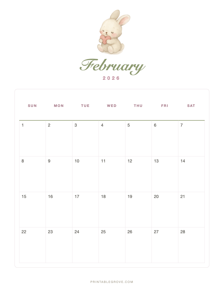 Cute February 2026 Calendar — free printable PDF