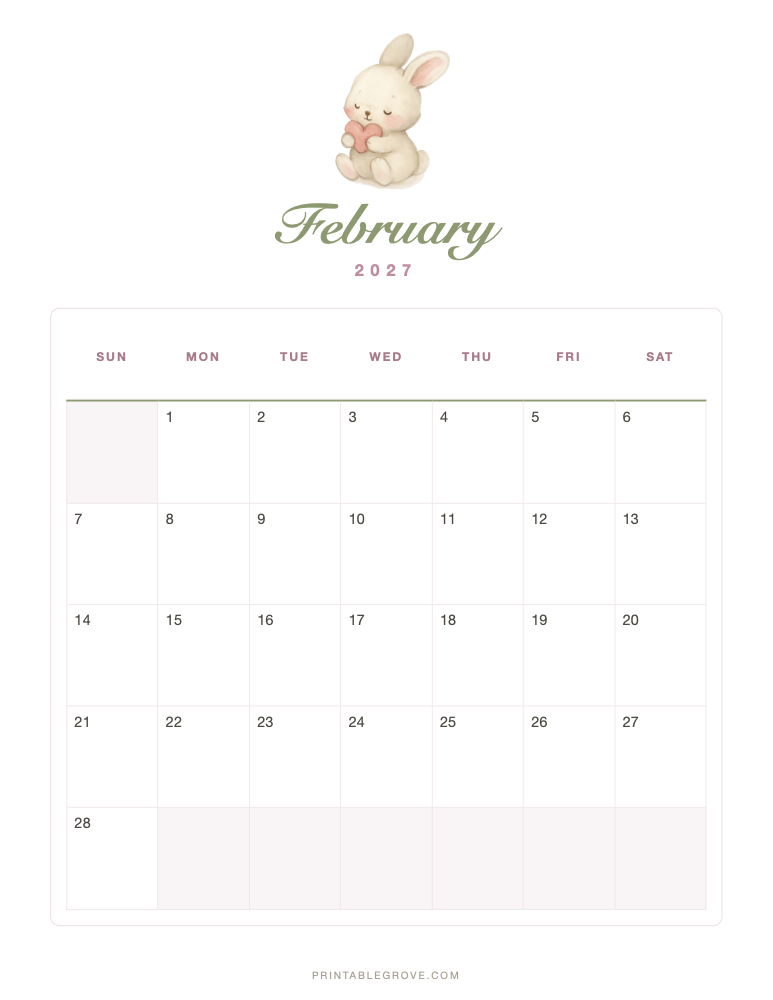 Cute February 2027 Calendar — free printable PDF