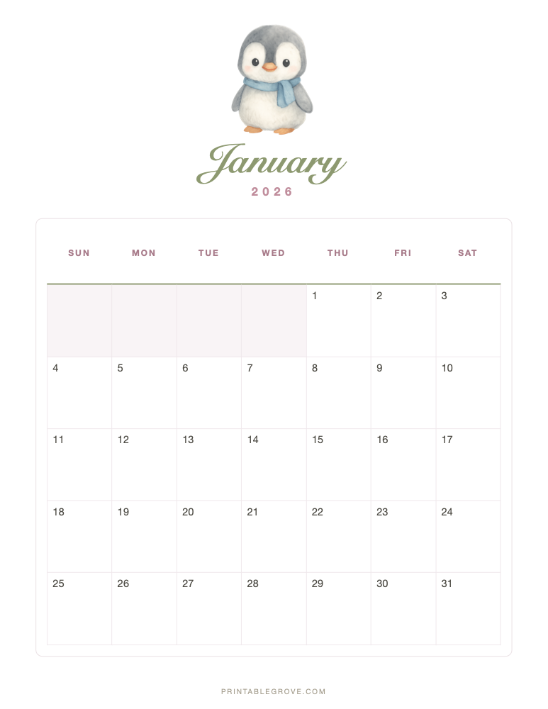 Cute January 2026 Calendar — free printable PDF