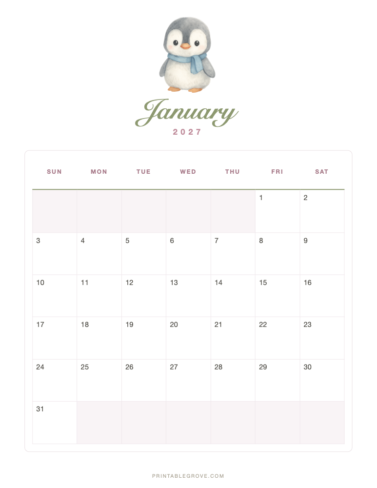 Cute January 2027 Calendar — free printable PDF