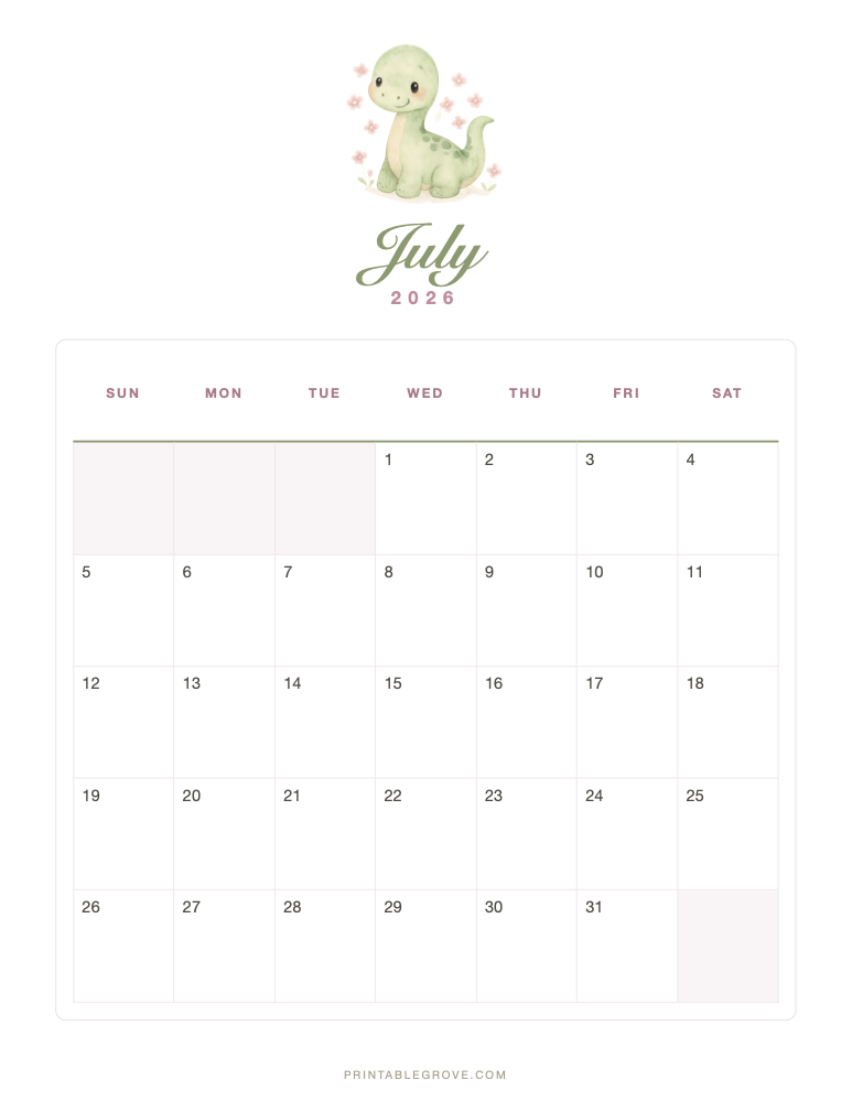 Cute July 2026 Calendar — free printable PDF