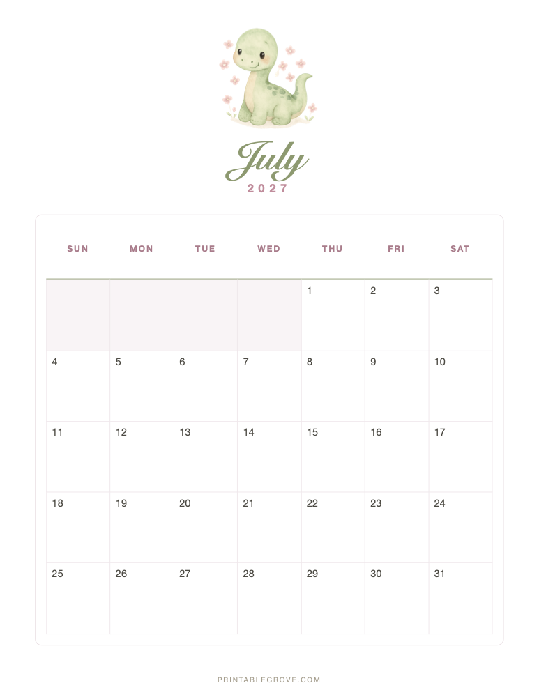 Cute July 2027 Calendar — free printable PDF