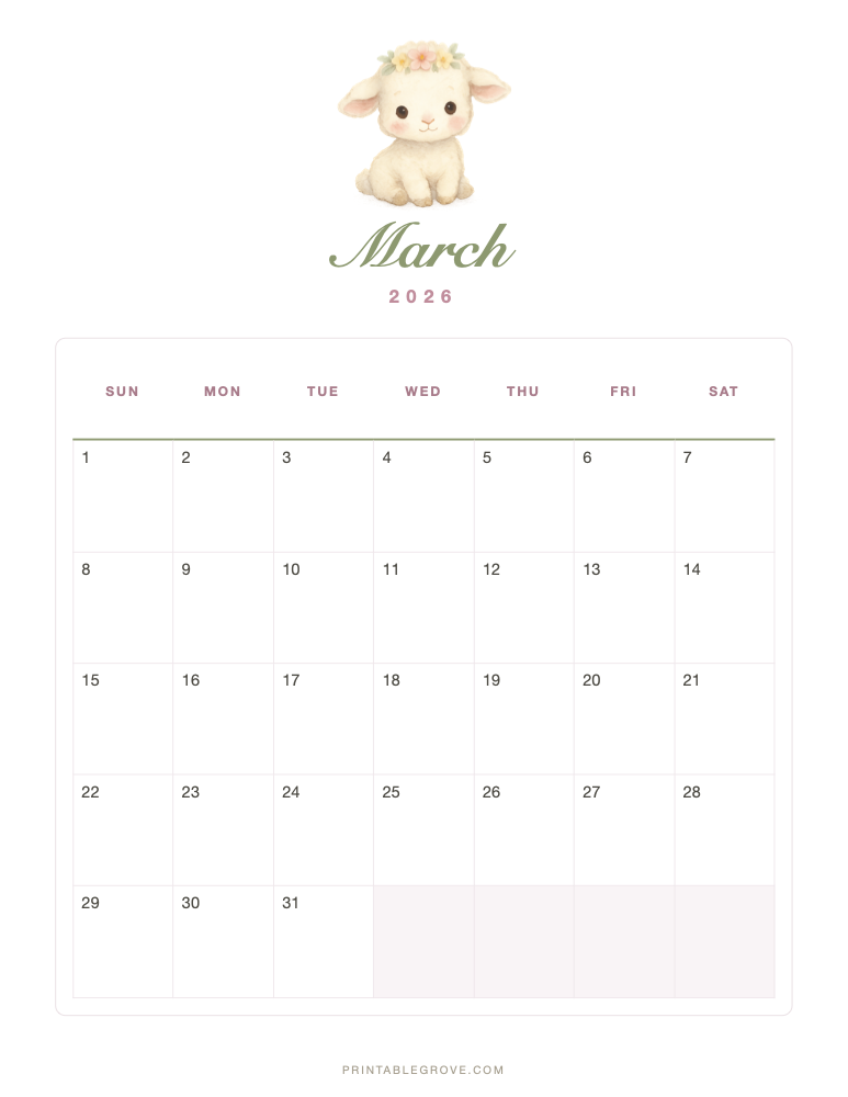 Cute March 2026 Calendar — free printable PDF