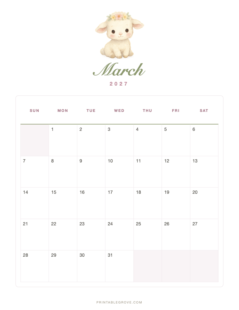 Cute March 2027 Calendar — free printable PDF