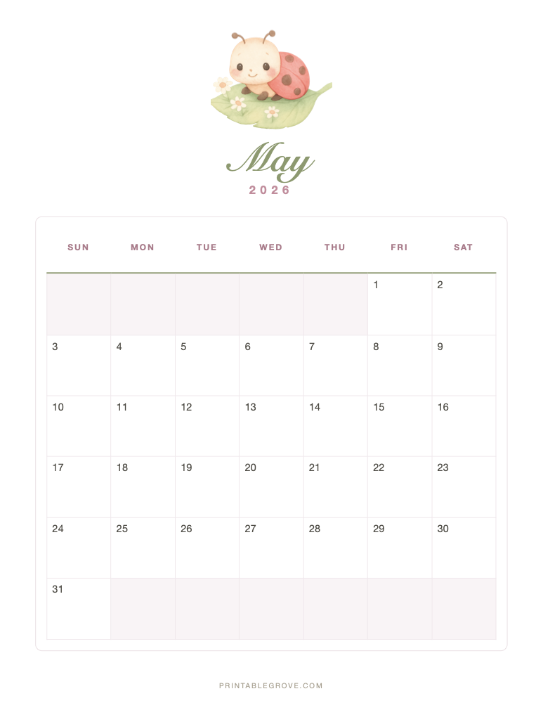 Cute May 2026 Calendar — free printable PDF
