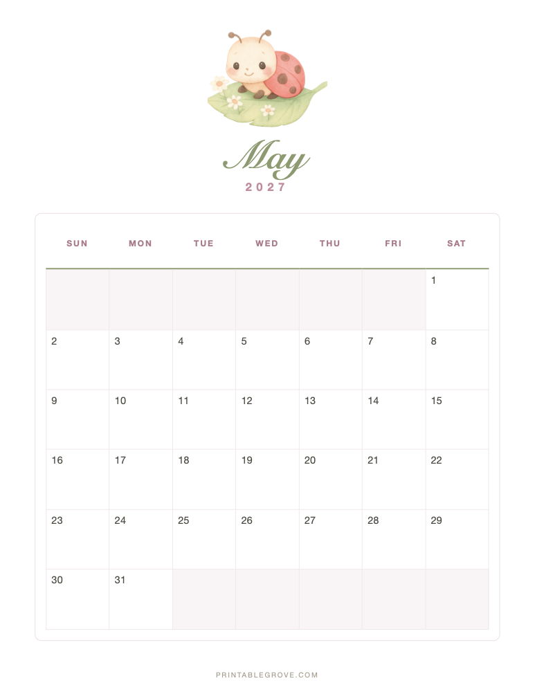 Cute May 2027 Calendar — free printable PDF