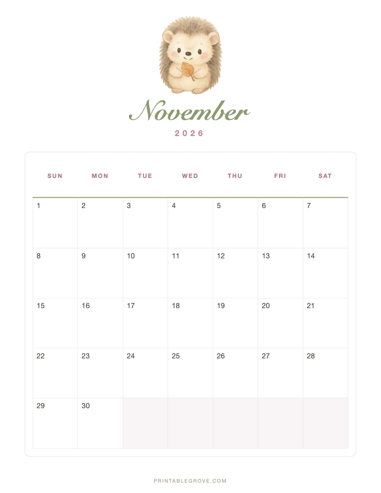 Cute November 2026 Calendar — free printable PDF