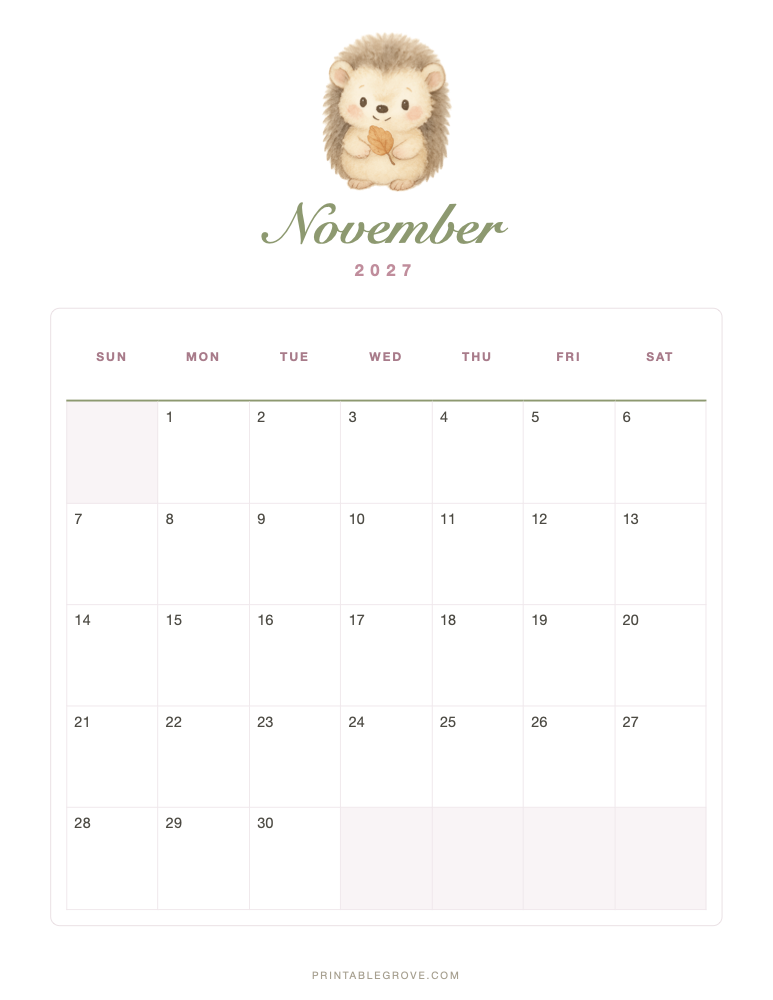 Cute November 2027 Calendar — free printable PDF