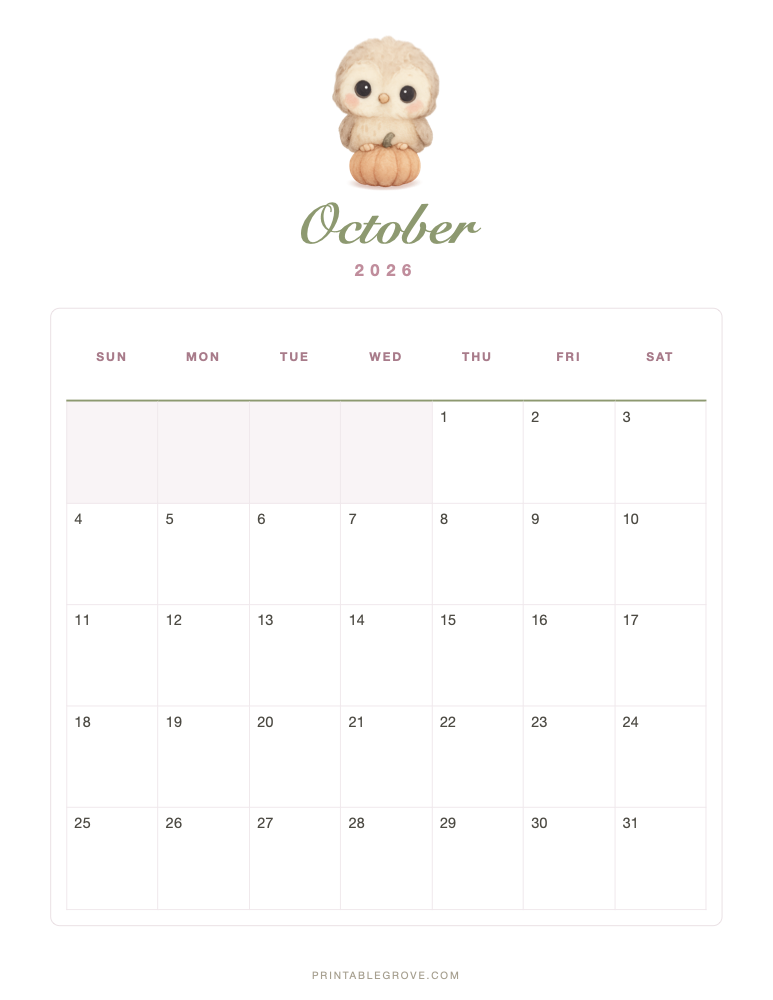 Cute October 2026 Calendar — free printable PDF