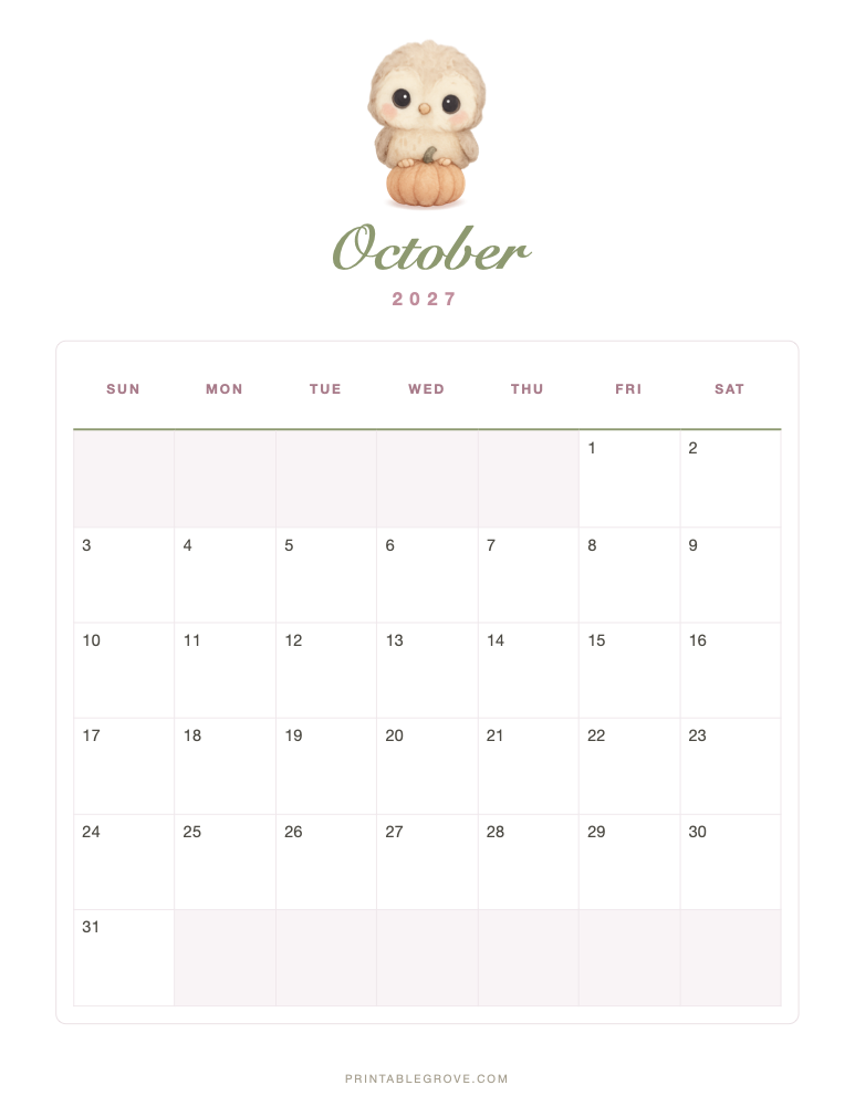 Cute October 2027 Calendar — free printable PDF