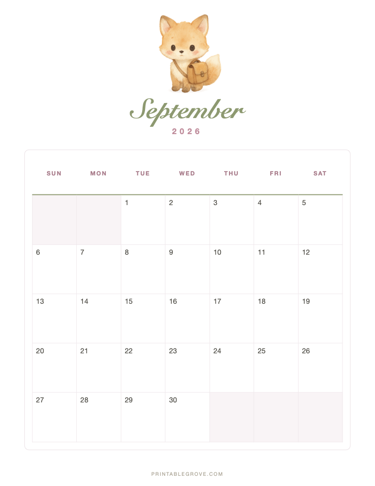 Cute September 2026 Calendar — free printable PDF