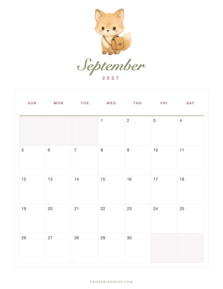 Cute September 2027 Calendar — free printable PDF