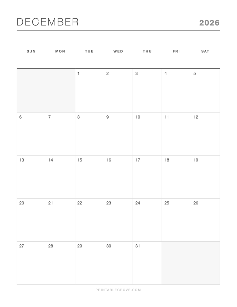 December 2026 Calendar — free printable PDF