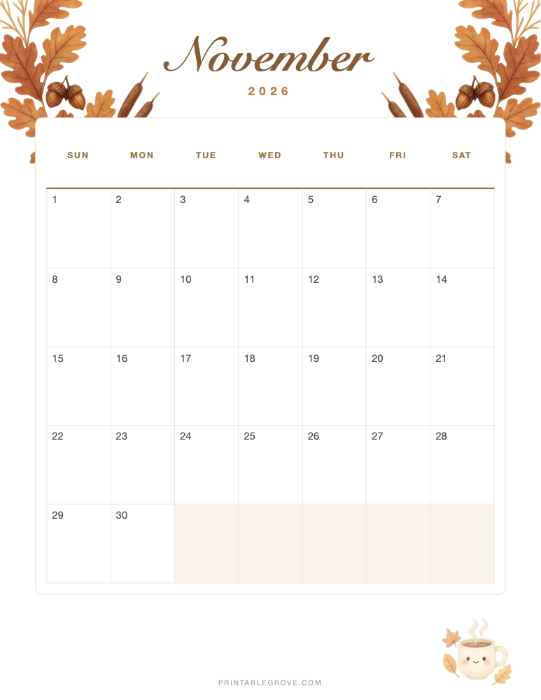 Fall November 2026 Calendar — free printable PDF