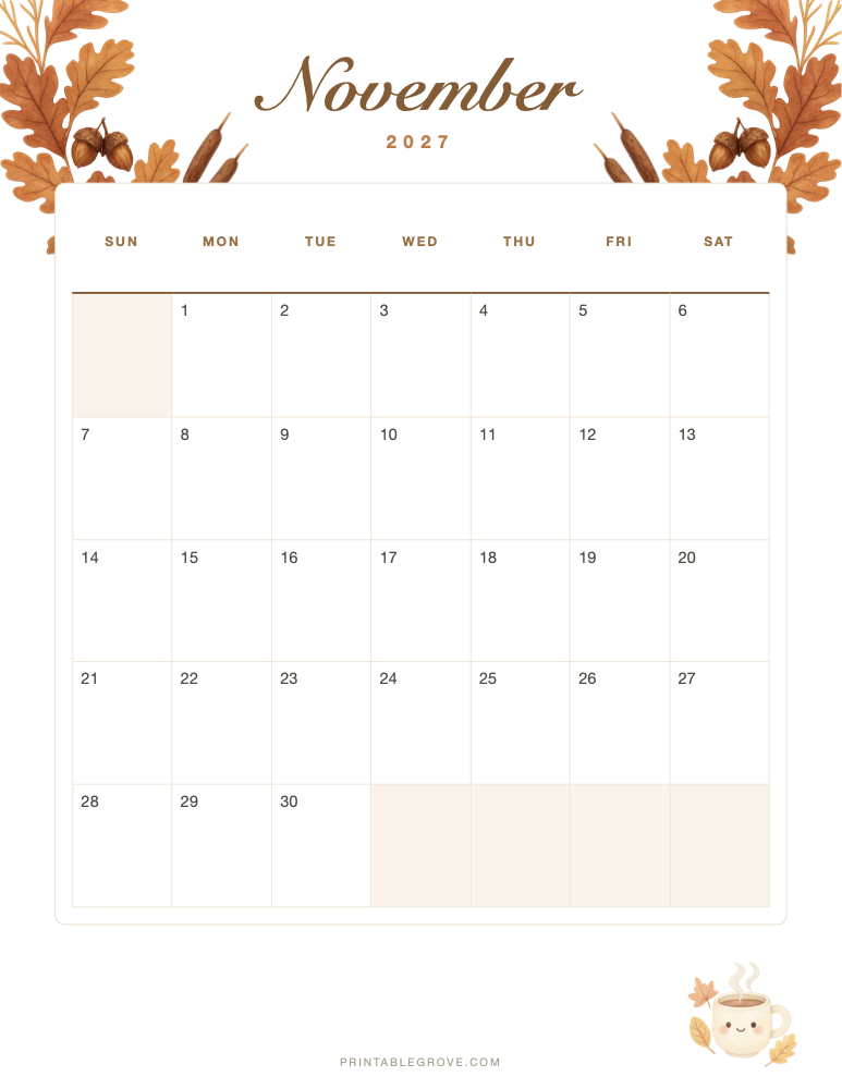Fall November 2027 Calendar — free printable PDF