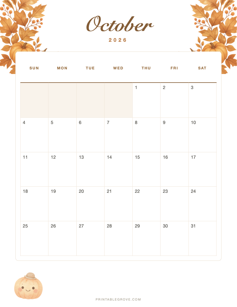 Fall October 2026 Calendar — free printable PDF