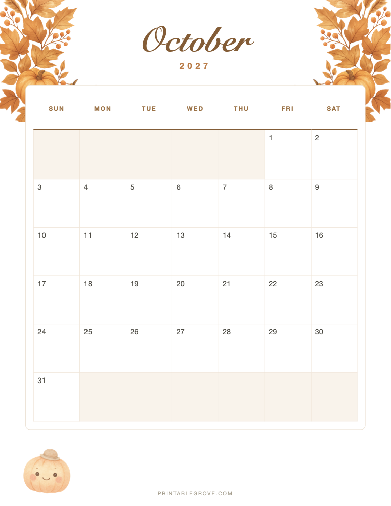 Fall October 2027 Calendar — free printable PDF