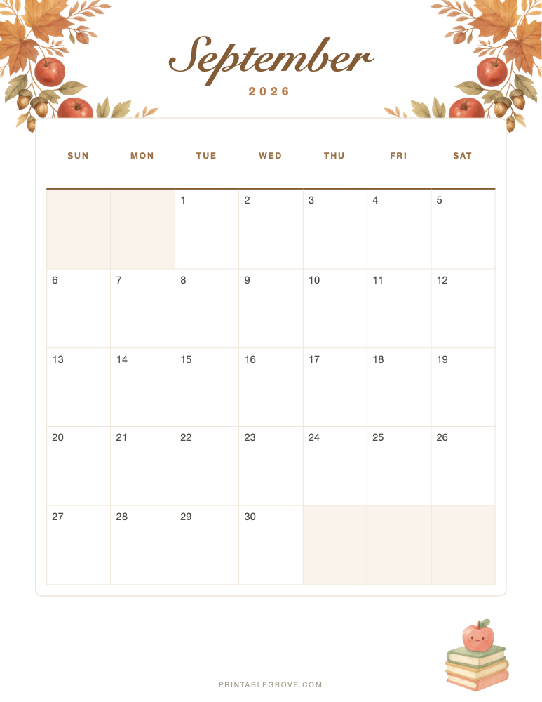 Fall September 2026 Calendar — free printable PDF