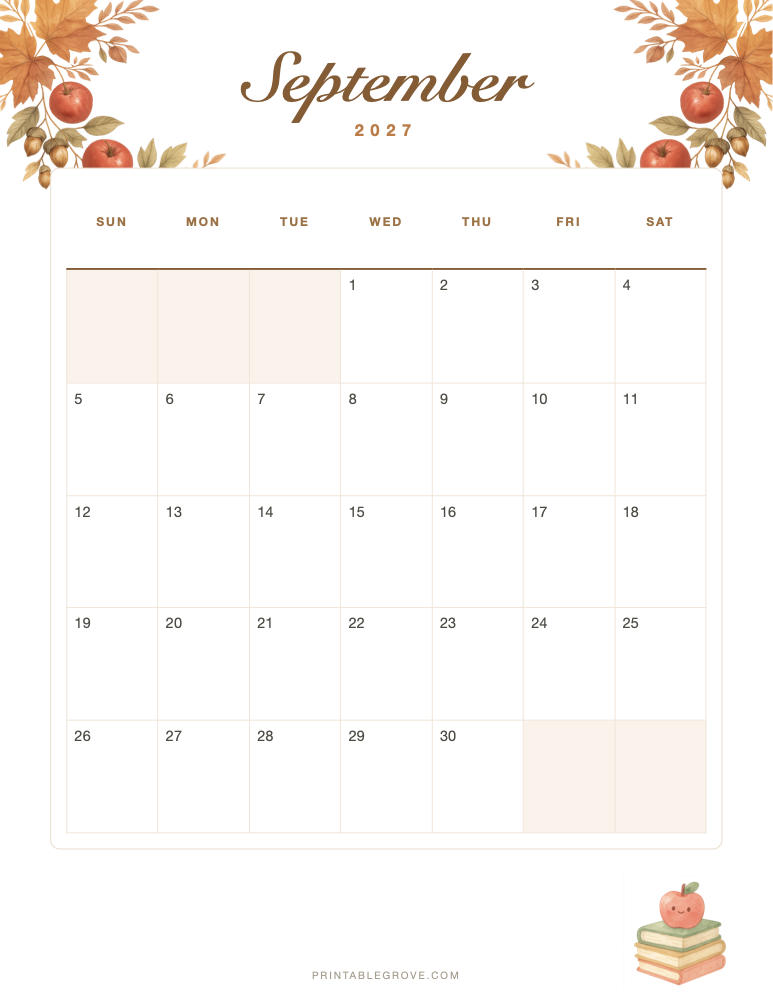 Fall September 2027 Calendar — free printable PDF