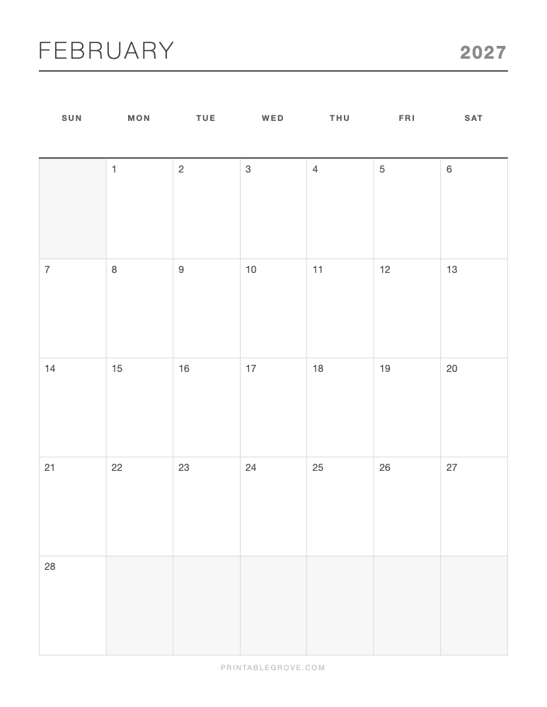February 2027 Calendar — free printable PDF
