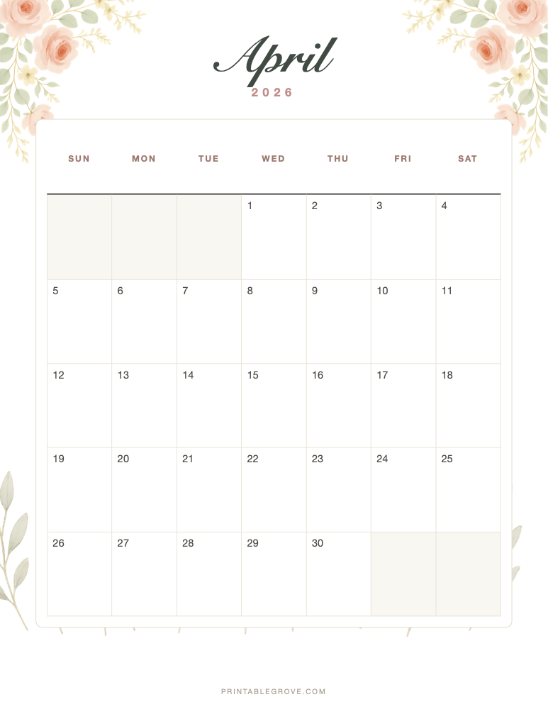 Floral April 2026 Calendar — free printable PDF